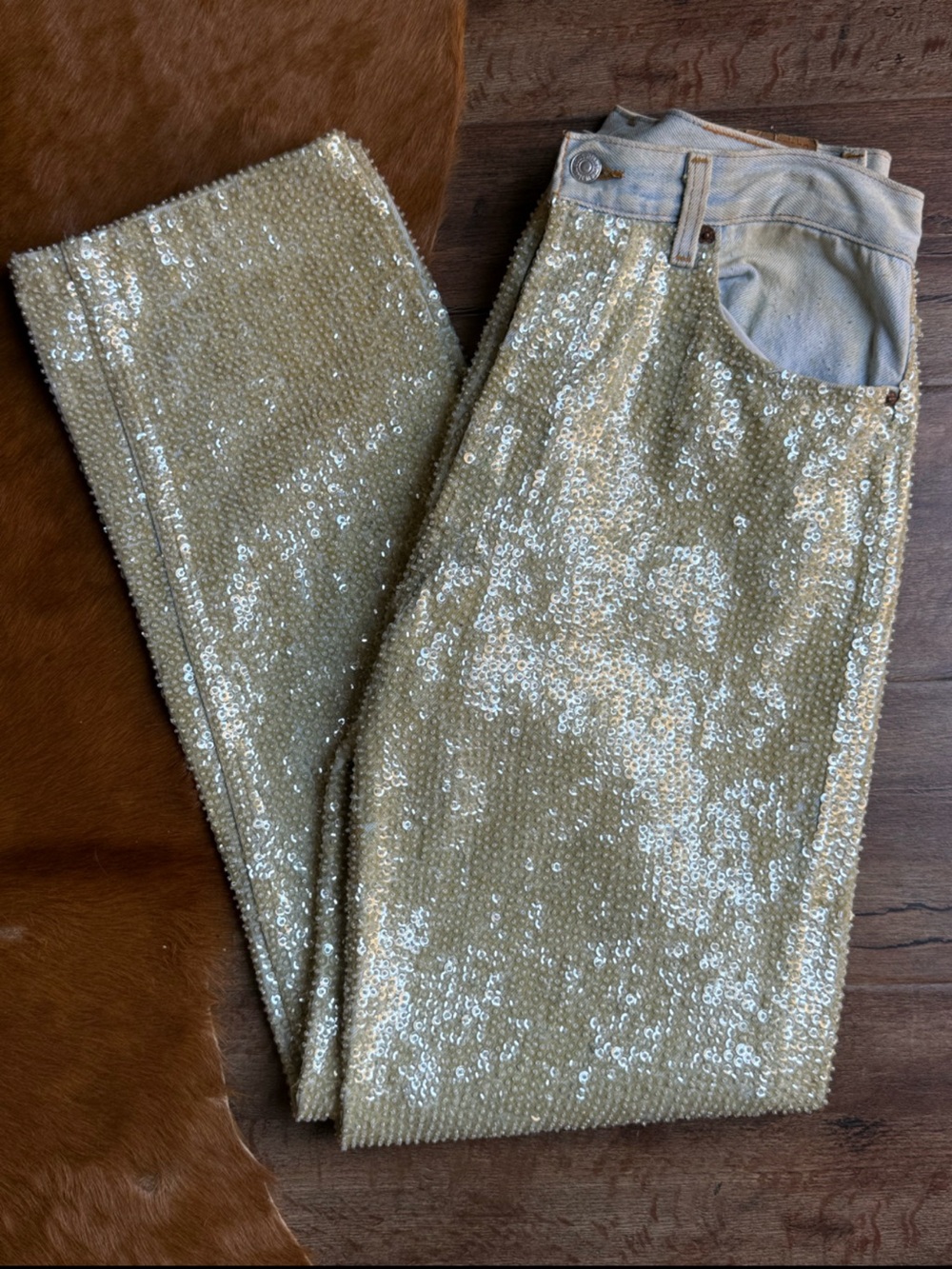 Levi's vintage custom made upcycled sequin embellished 501 straight leg jeans